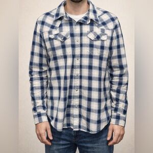 Blue Ranchwear Plaid Flannel Blue and Cream–Size Large